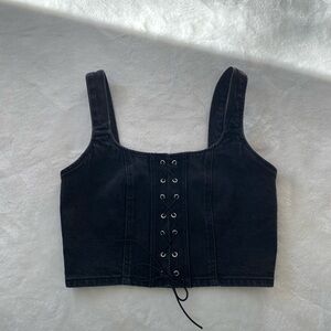 Wild Fable Black Lace-Up Denim Crop Corset Tank Top Sz Small Goth whimsygoth Y2K